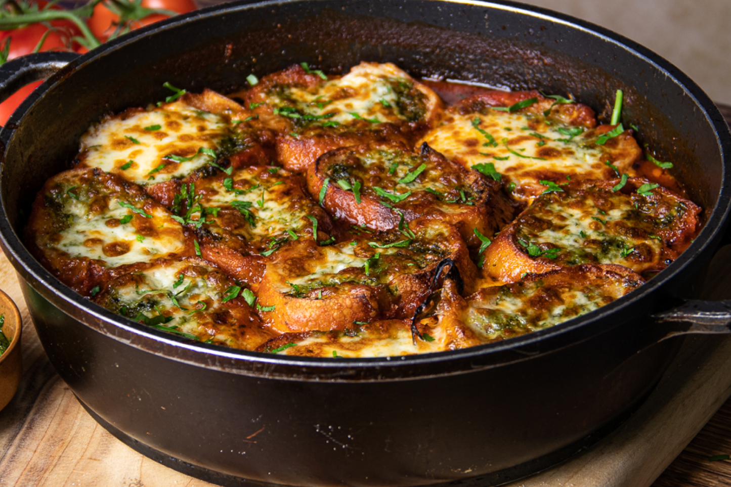 Roasted Tomato Soup with Pesto Mozzarella Croutons