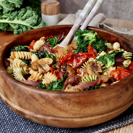 Organic Fusilli with Mushrooms, Roasted Tomatoes and Kale