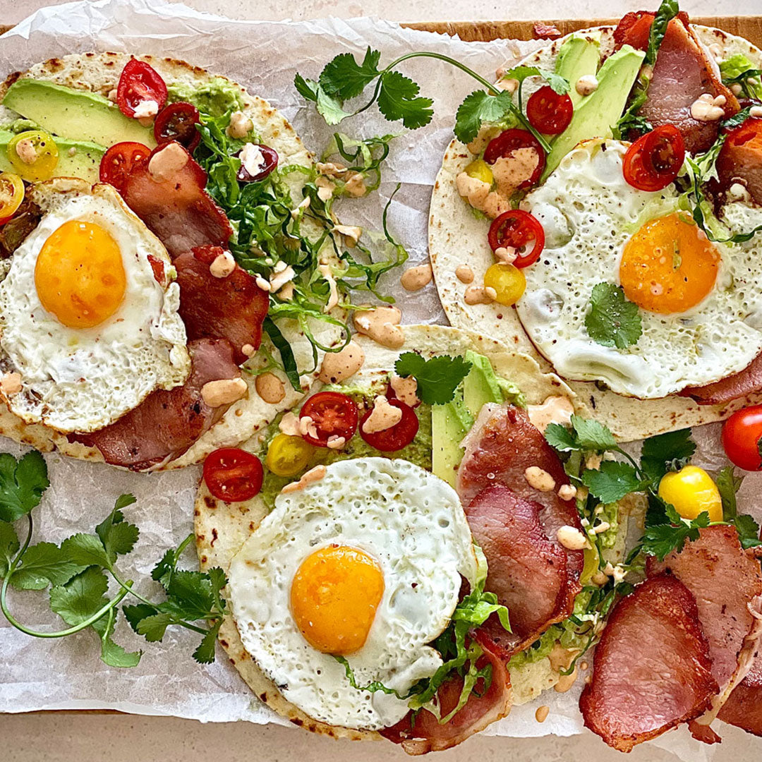 Bacon and Egg Tacos - with Chipotle Mayo and Guacamole | Harris Farm Online