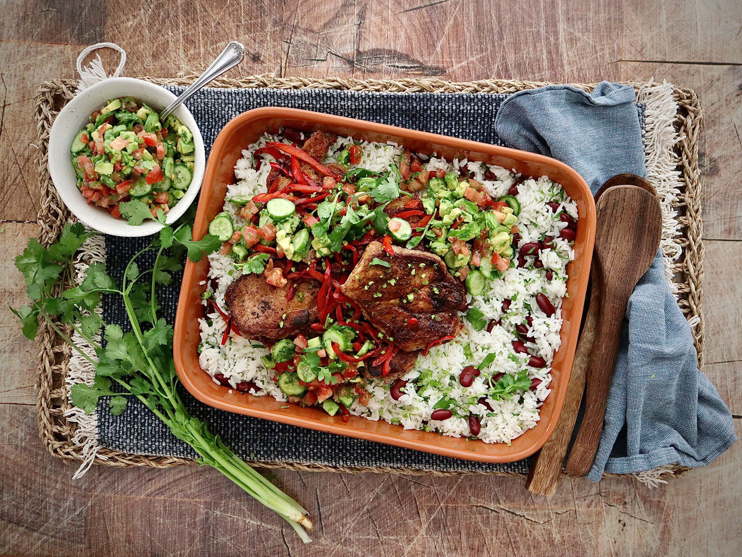 Cajun Pork Steaks - with Red Kidney Bean Rice and Avocado Tomato Cucumber Salsa | Harris Farm Online