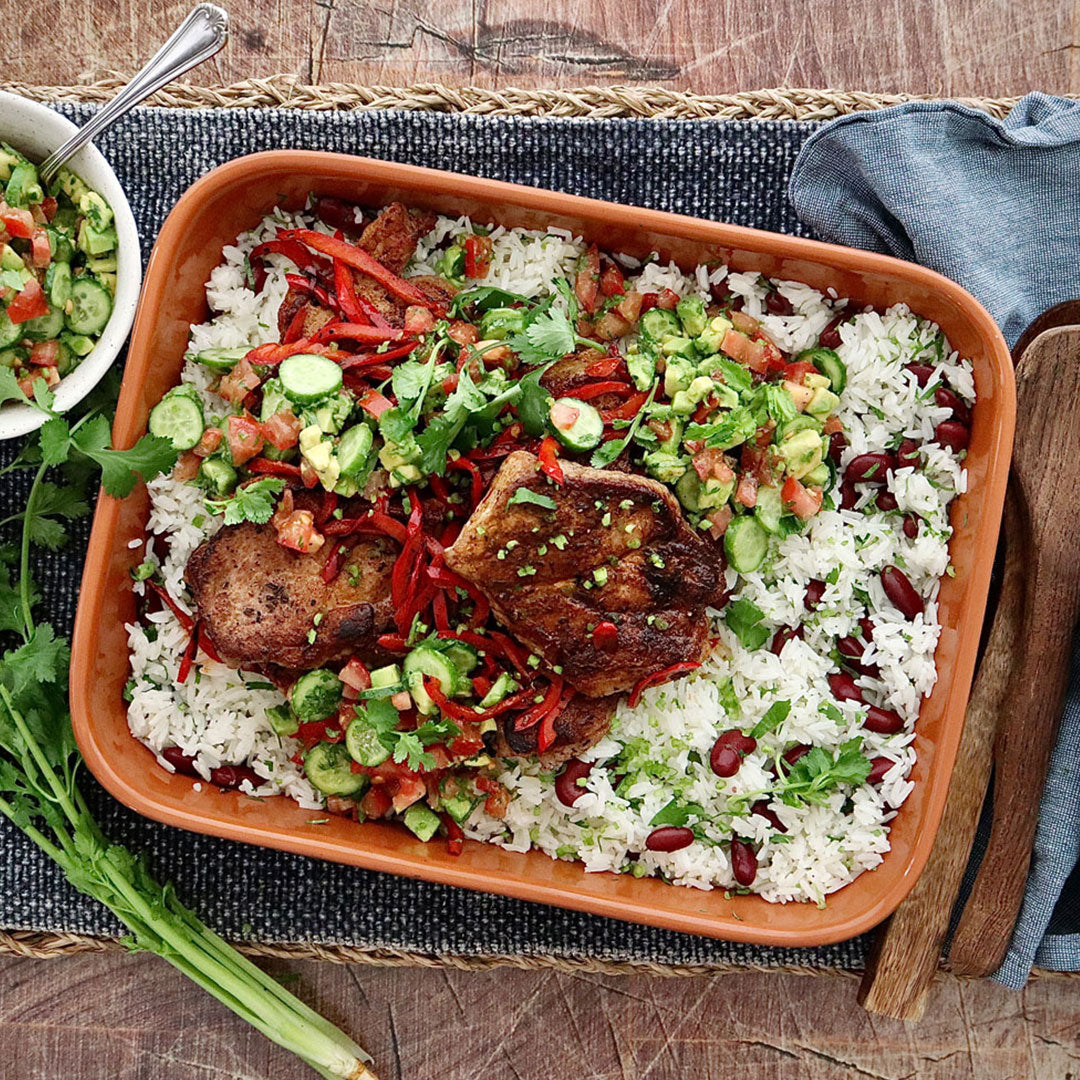 Cajun Pork Steaks - with Red Kidney Bean Rice and Avocado Tomato Cucumber Salsa | Harris Farm Online