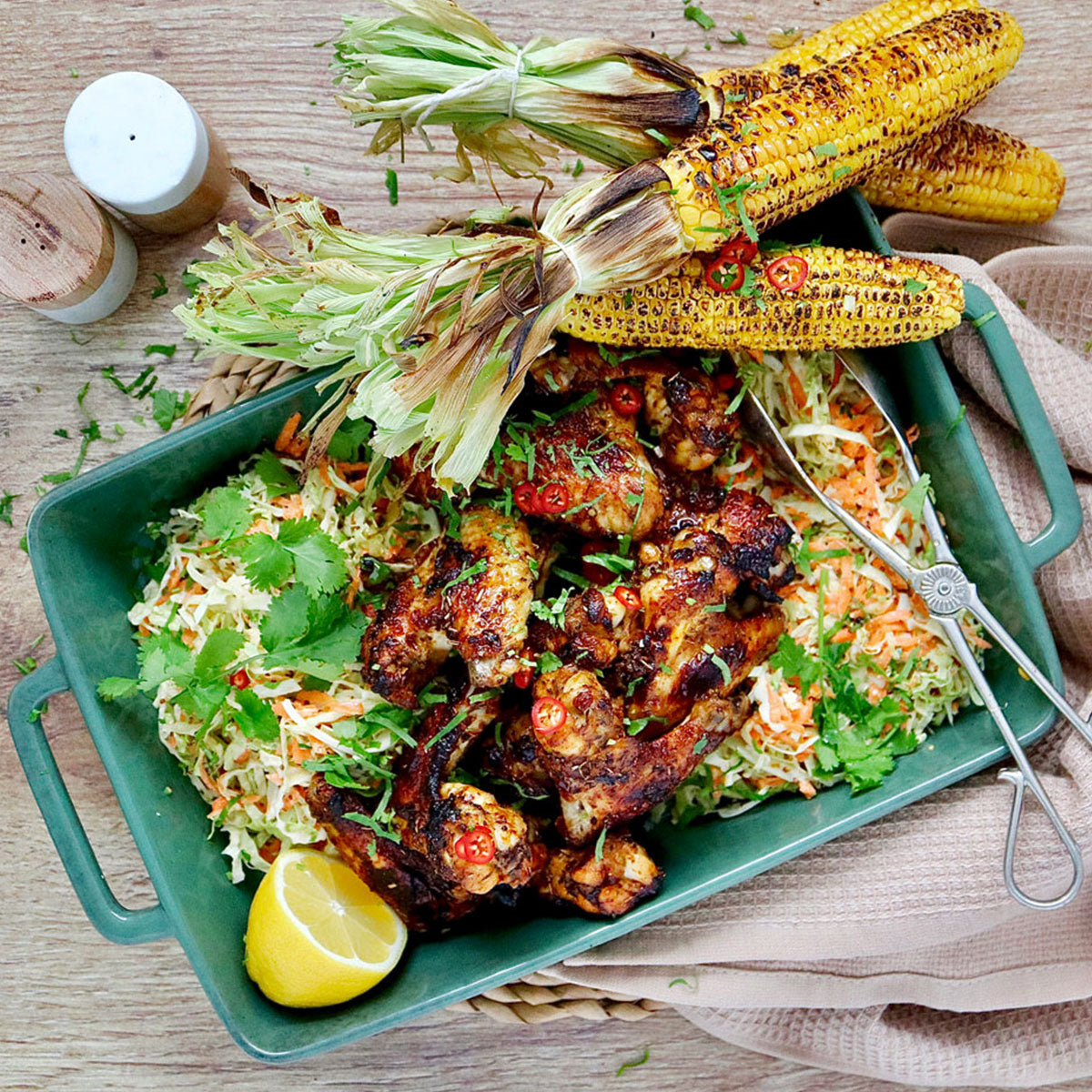 Cajun Spiced Chicken Drumsticks - with Roasted Corn and Cabbage Slaw | Harris Farm Online