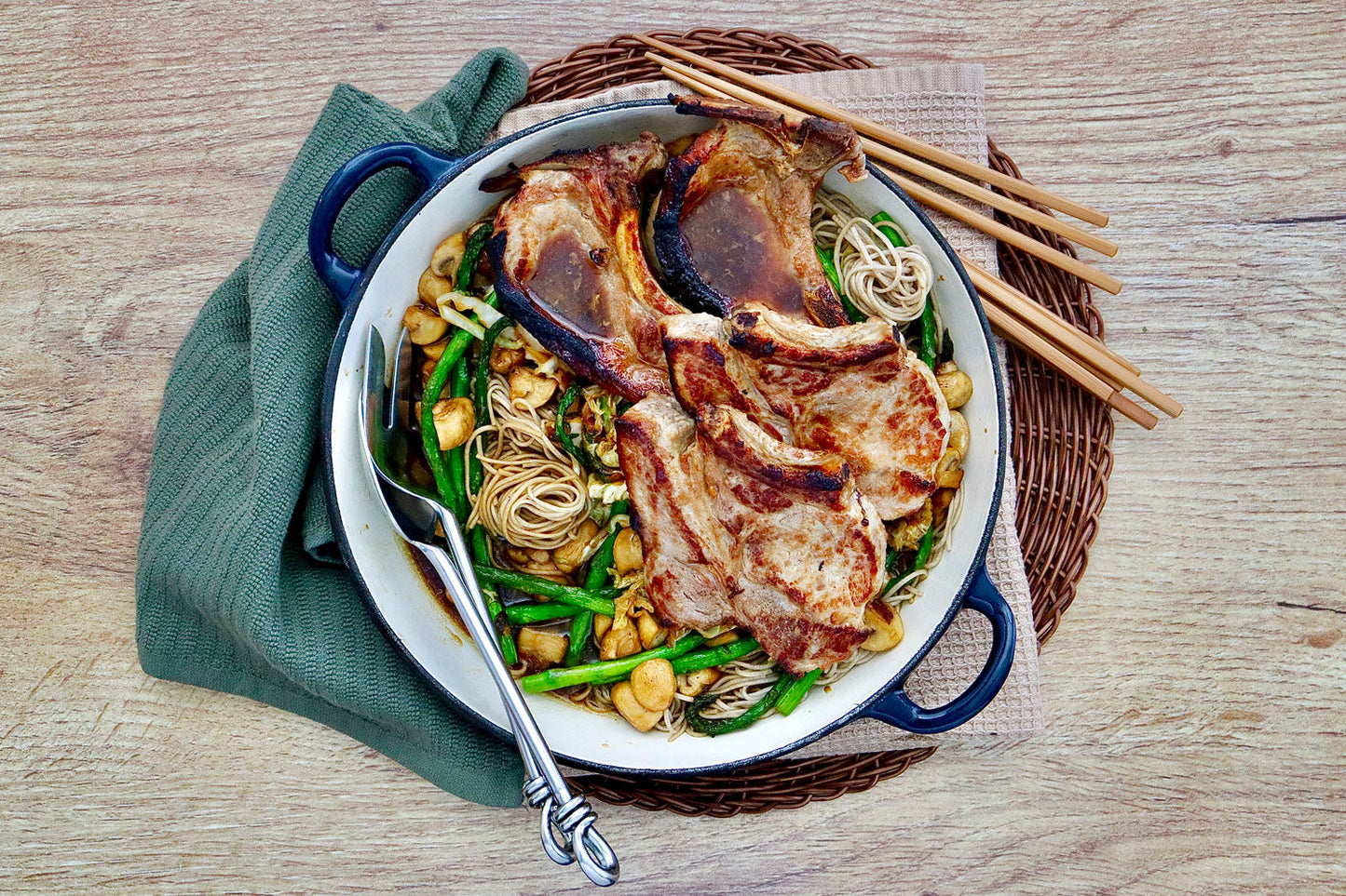 Honey Soy Pork Chops - with Soba Noodles, Cup Mushrooms & Seasonal Greens | Harris Farm Online