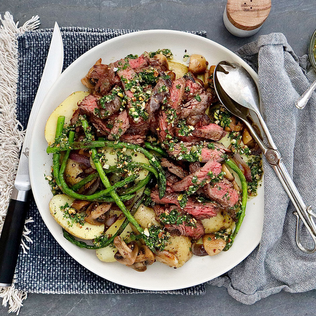 Skirt Steak - with Boiled Potatoes Asparagus and Mixed Nut Salsa | Harris Farm Online