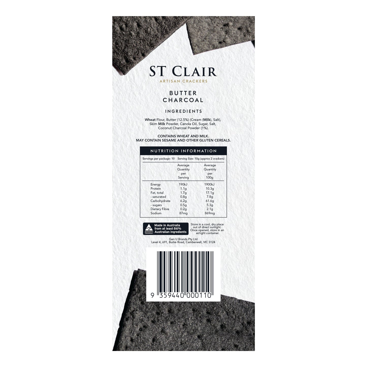 St Clair Artisan Crackers Butter Charcoal 100g